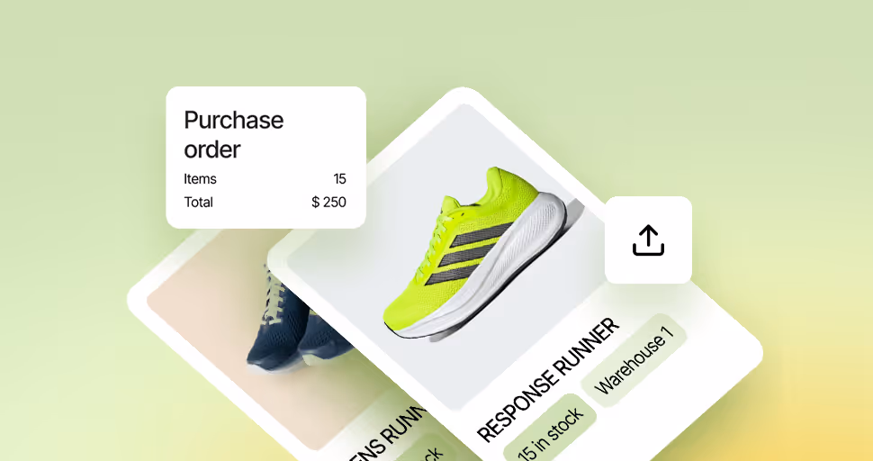 Bright yellow Adidas Response Runner shoe with purchase order details showing 15 items totaling $250.