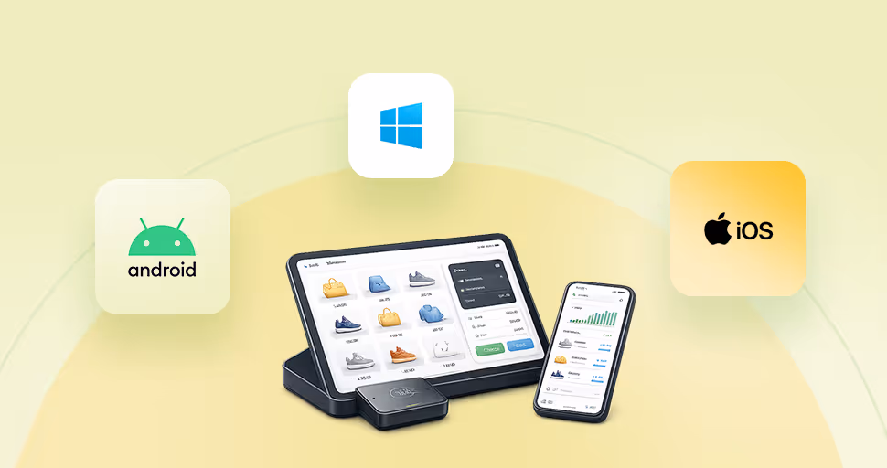 Tablet and smartphone displaying shopping and sales analytics apps, surrounded by Android, Windows, and iOS logos.