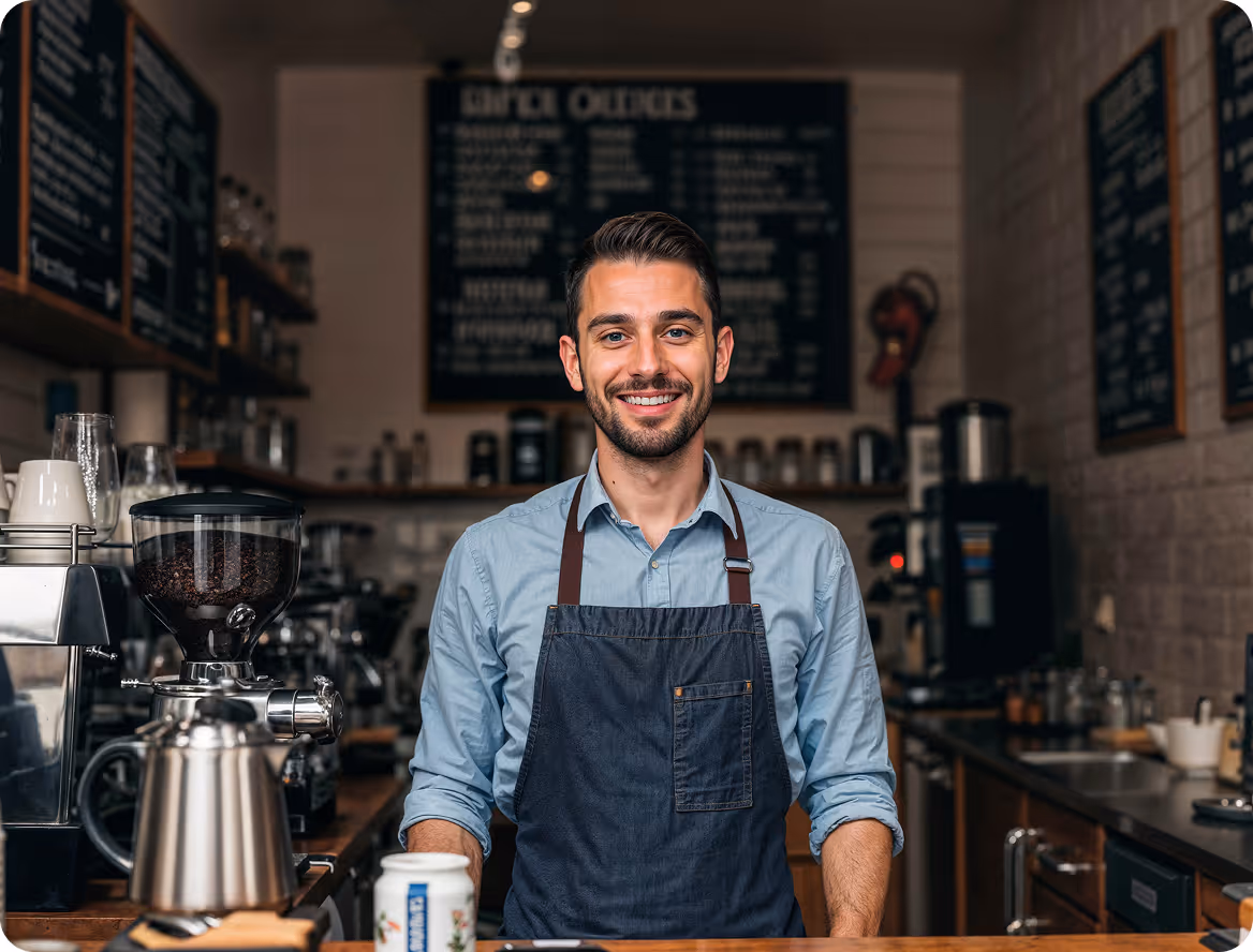 Smiling barista wearing a blue shirt and apron standing behind a coffee counter with a grinder and espresso machine.
