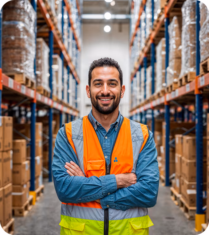 Smiling warehouse worker wearing an orange safety vest with arms crossed, standing between tall shelves stacked with boxes.