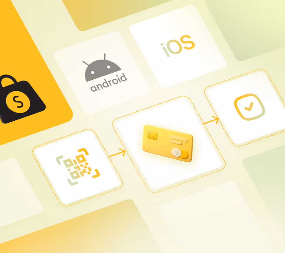 Illustration showing a QR code scanning icon, a yellow credit card, and a checkmark icon connected by arrows, with Android and iOS logos above.
