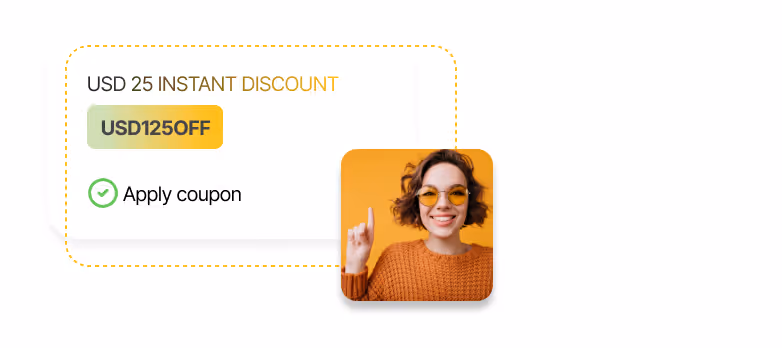 Coupon offer showing USD 25 instant discount with code USD125OFF and a smiling woman in orange sweater and yellow sunglasses pointing up.