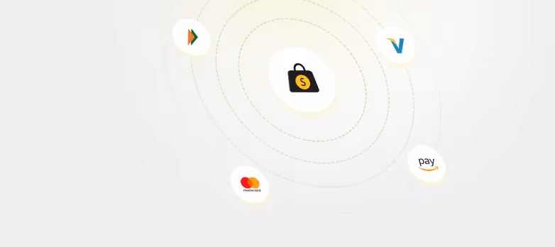 Central shopping bag icon surrounded by floating logos of UPI, Visa, Mastercard, and Amazon Pay connected with orbit lines on a light background.