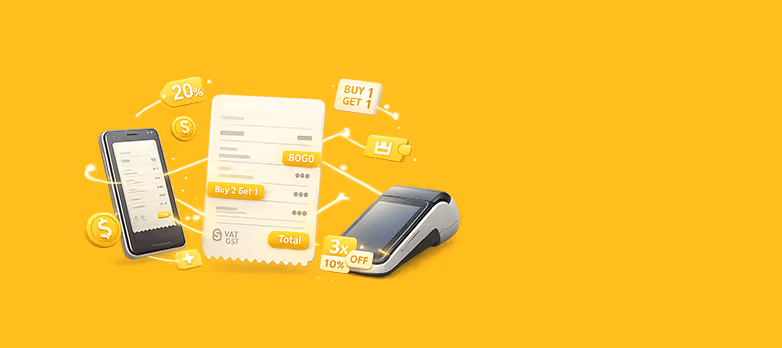 Illustration of digital receipts and discounts surrounding a smartphone and a point-of-sale terminal on a yellow background.