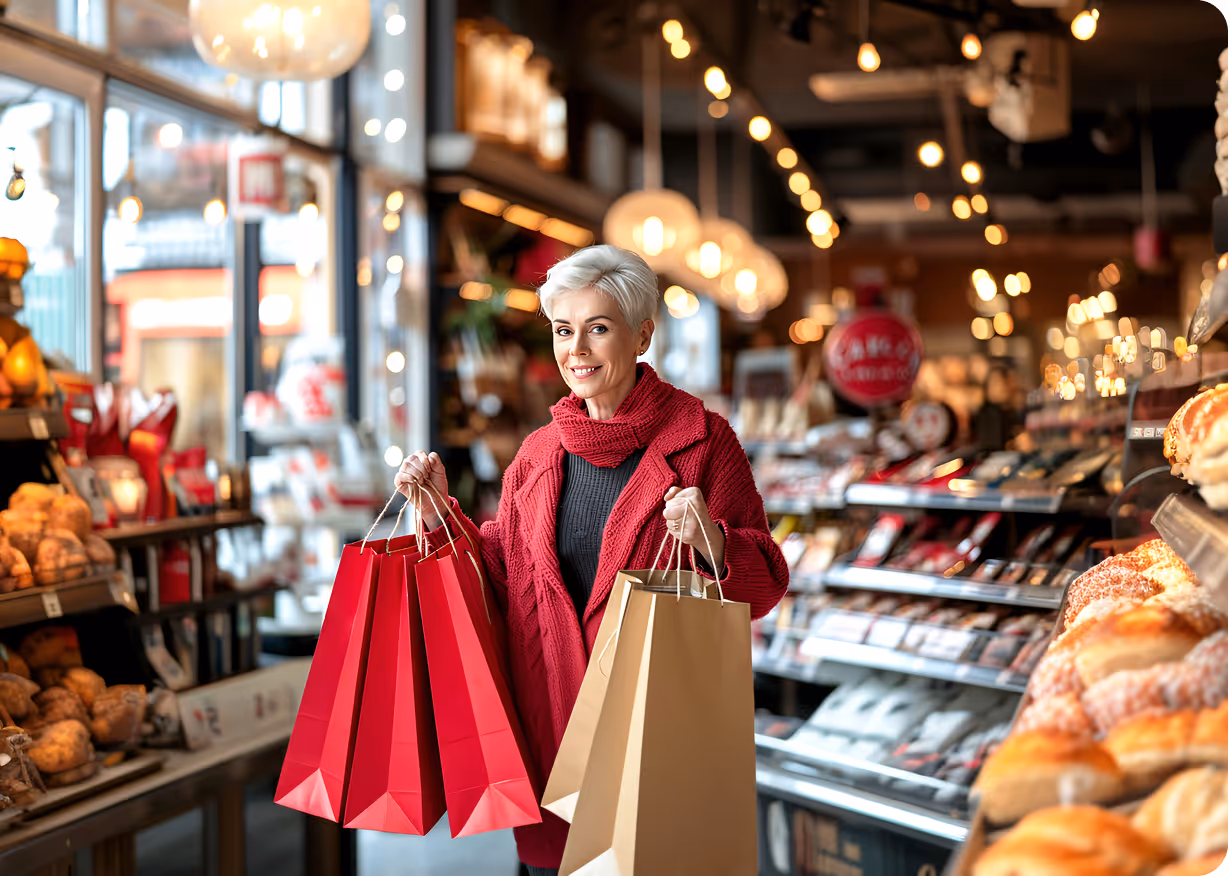 Smiling woman in a red coat holding shopping bags inside a bakery store.