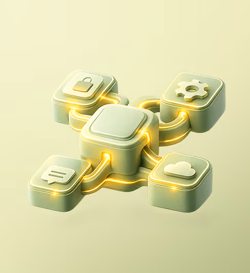 3D blocks connected by glowing lines featuring icons for lock, gear, cloud, and chat, symbolizing networked technology.