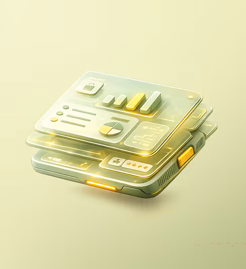 Stylized futuristic stack of transparent digital interface panels with charts, lock icon, and data elements glowing with yellow highlights.