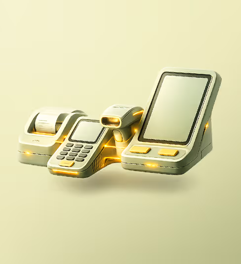 Set of futuristic electronic devices including a handheld calculator, a scanner, a touchscreen device, and a receipt printer with glowing yellow accents.