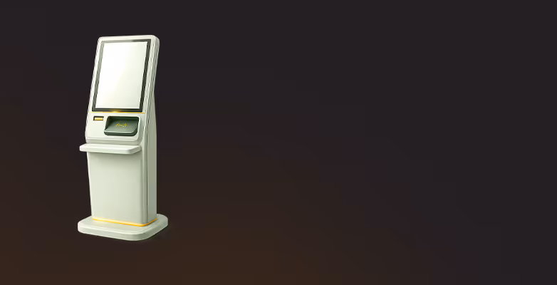 White self-service kiosk with a touchscreen and card reader slot on a dark background.