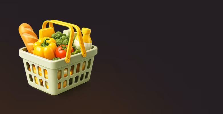 Green shopping basket filled with groceries including yellow bell pepper, tomato, broccoli, baguette, and bottled items.