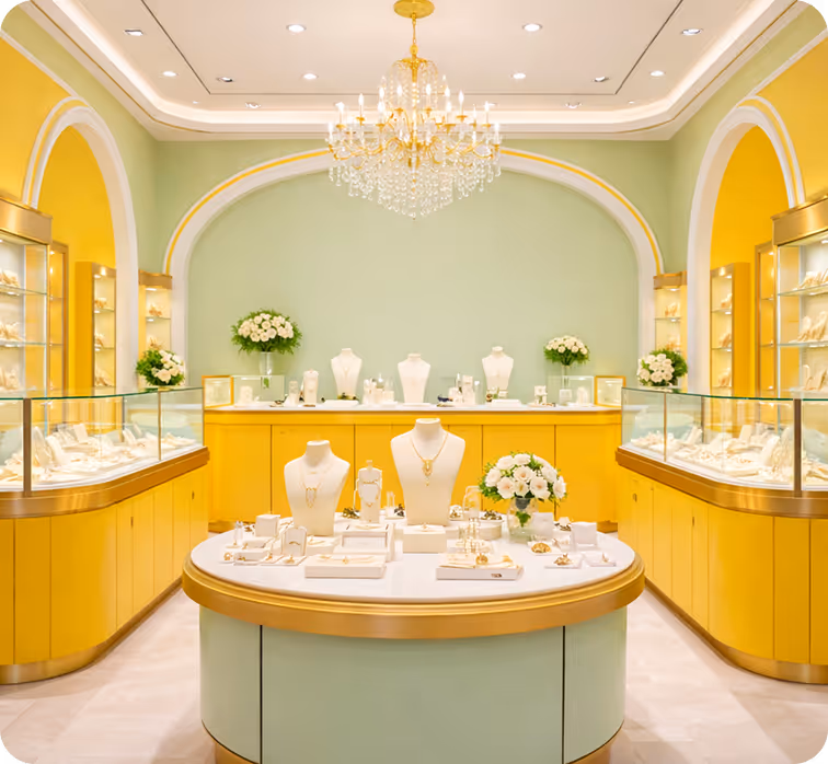 Bright jewelry store interior with yellow display cases, white jewelry stands, floral arrangements, and a crystal chandelier.