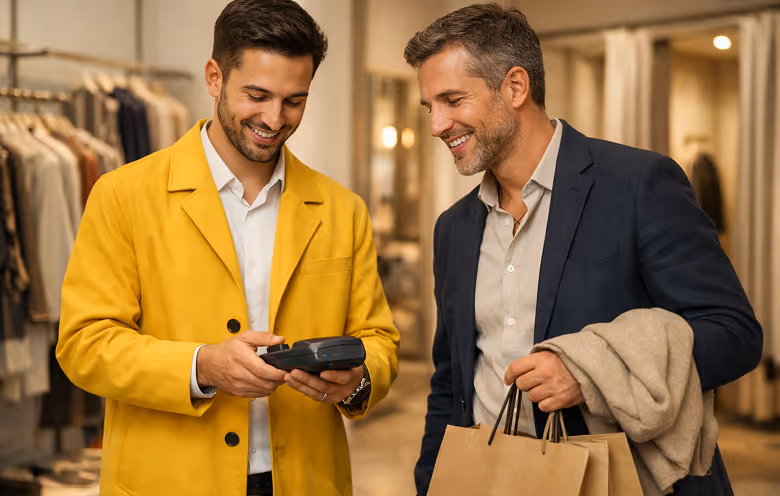 Two men smiling while checking a payment terminal in a clothing store, one holding shopping bags and a coat.