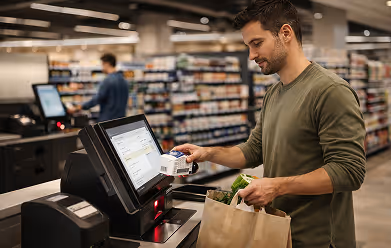 Man using a self-checkout machine to scan a product while holding a grocery bag in a supermarket.