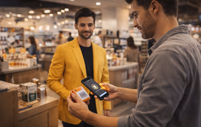 Man scanning a product barcode with a smartphone in a store, a smiling man in a yellow jacket is in the background.