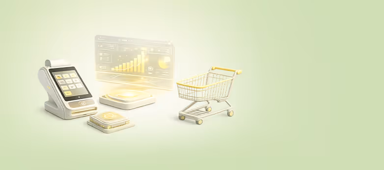 Futuristic point-of-sale terminal with a touchscreen, digital analytics display, and a small shopping cart on a light green background.