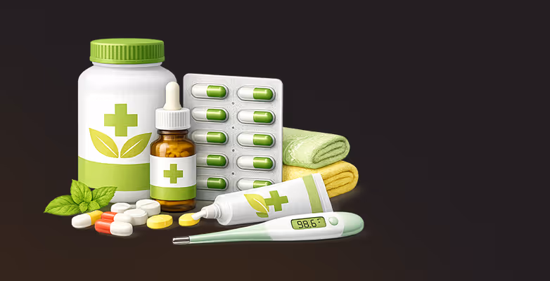 Various medical supplies including pill bottle, dropper bottle, blister pack of capsules, ointment tube, tablets, fresh mint leaves, rolled towels, and digital thermometer showing 98.6°F.