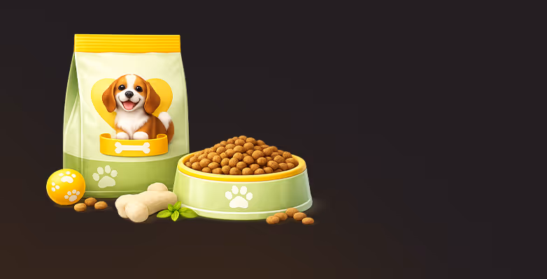 Dog food bowl filled with kibble, a bag of dog food with a puppy image, a bone-shaped treat, and a yellow ball on a dark background.