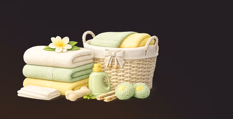 Wicker laundry basket with towels, detergent bottle, clothespins, and two scented sponges on a dark background.