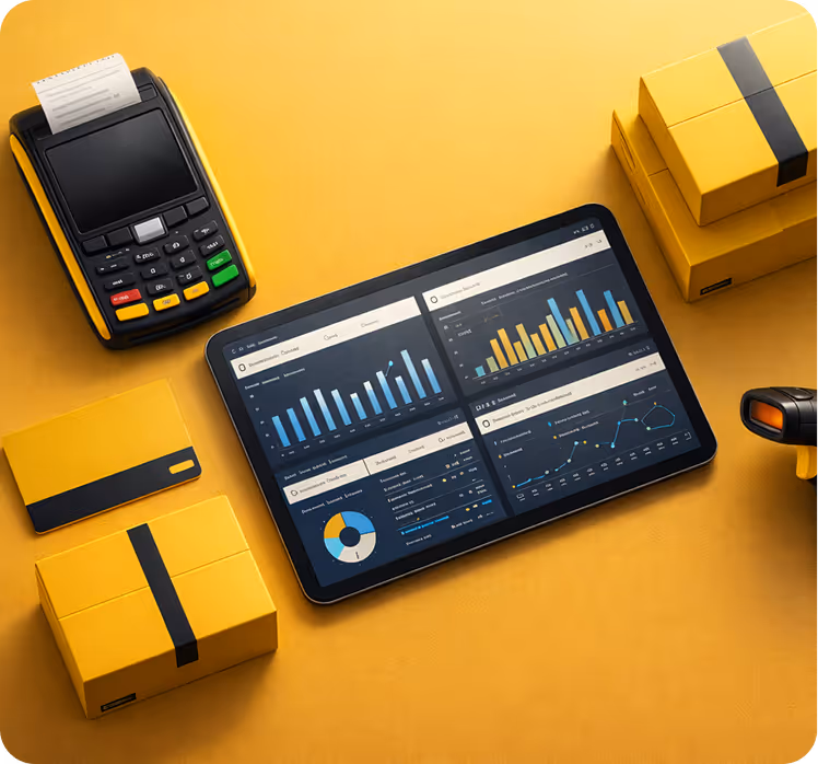 Tablet displaying business performance charts surrounded by yellow boxes, a payment terminal with receipt, a barcode scanner, and a credit card on a yellow background.