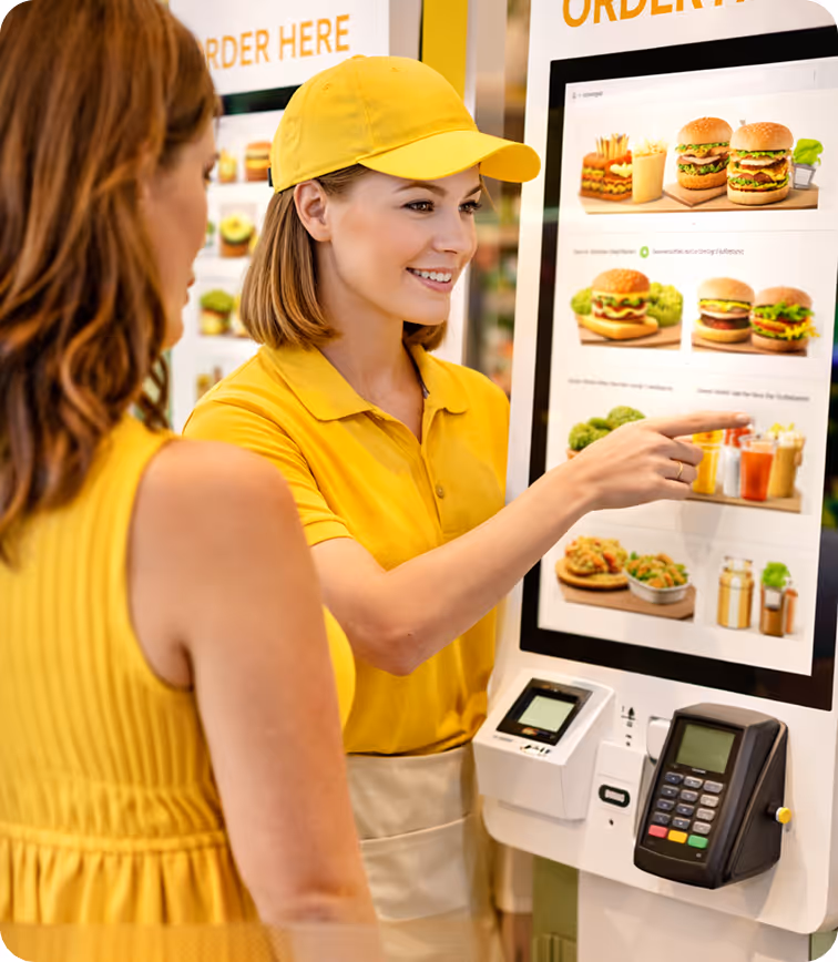 Fast food employee in yellow uniform helping a customer order from a touchscreen kiosk displaying burgers, fries, drinks, and salads.