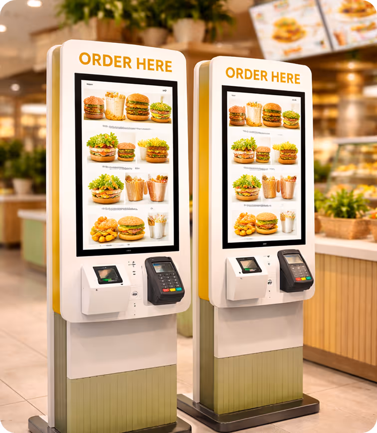 Two self-service kiosks in a restaurant displaying menu options with burgers, fries, and drinks, each with a card payment terminal.