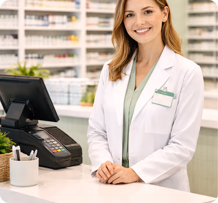 Smiling female pharmacist in a white lab coat standing behind a pharmacy counter with a payment terminal and pen holder.