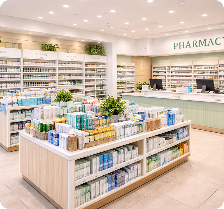 Modern, clean pharmacy interior with shelves and displays filled with various health and wellness products under bright ceiling lights.