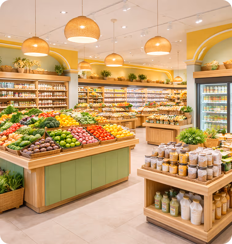 Bright grocery store interior with wooden displays featuring fresh fruits, vegetables, jars, and bottled drinks under woven pendant lights.