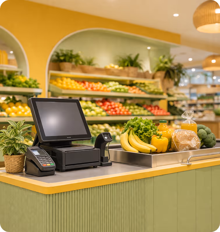 Grocery store checkout counter with a point-of-sale system, a card reader, and a scanning device, with fresh produce including bananas, lettuce, bell pepper, broccoli, bread, and juice on the conveyor.