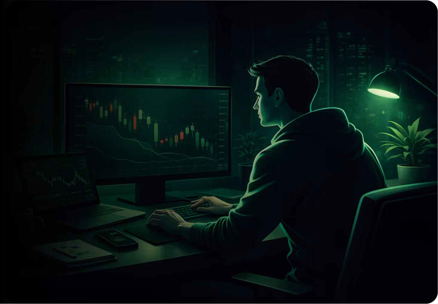 Man analysing financial charts on computer screens in a dark room with green lighting.