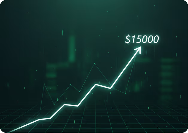 Glowing white line graph trending upward with an arrow pointing to $15000 on a dark green digital grid background.