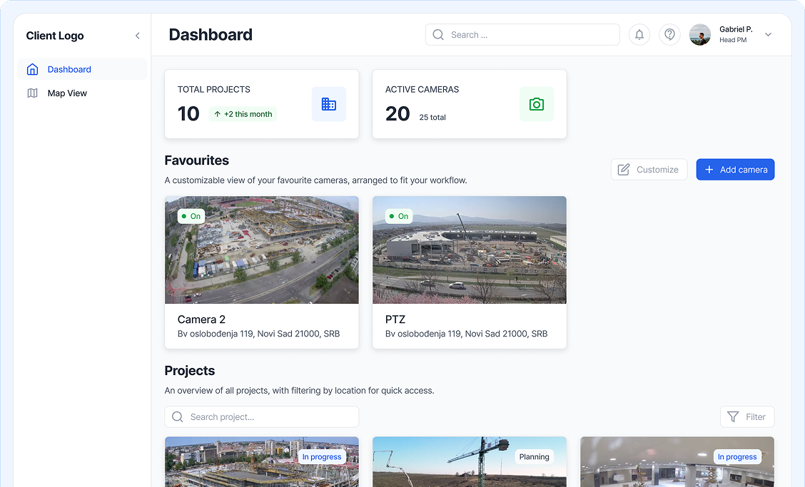 Dashboard interface showing total projects, active cameras, favorite camera live views, and project status with search and filter options.