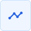 Blue line chart icon with upward and downward trend points on a light square background.