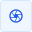 Blue camera shutter icon inside rounded square with light background.