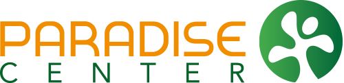 Paradise Center logo with orange text and green abstract circular design.