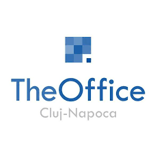 Logo of The Office Cluj-Napoca featuring a blue pixelated square above the text.