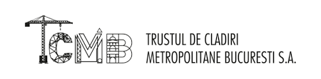 Logo for Trustul de Cladiri Metropolitane Bucuresti S.A. featuring stylized letters T, C, M, B with a construction crane integrated.