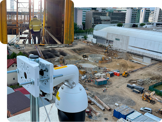 White surveillance camera mounted on a pole overlooking an active construction site with vehicles and workers, inset shows a worker in a yellow safety jacket inside a partially built structure.