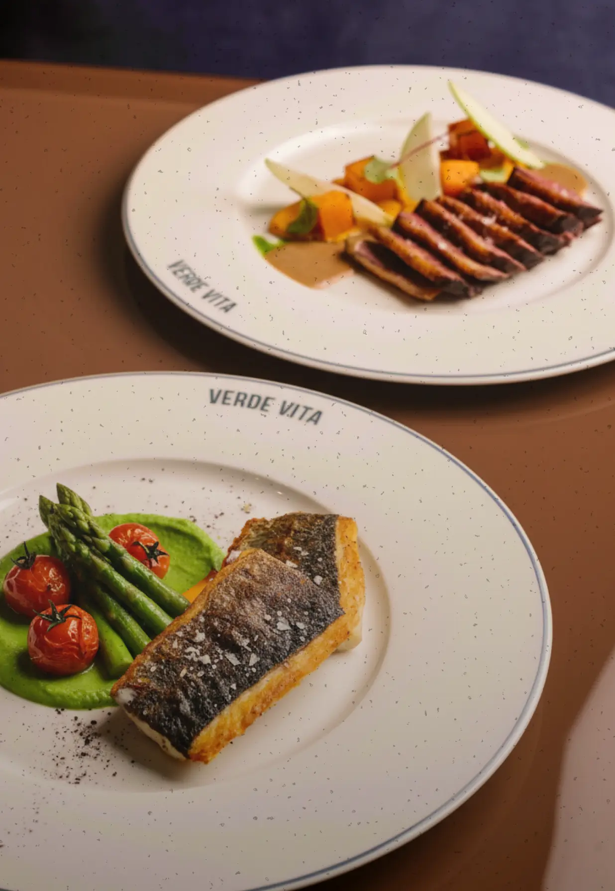 Two plates of gourmet food on a table including seared fish with asparagus and cherry tomatoes on green puree, and sliced steak with vegetables and sauce, served on white plates branded Verde Vita.