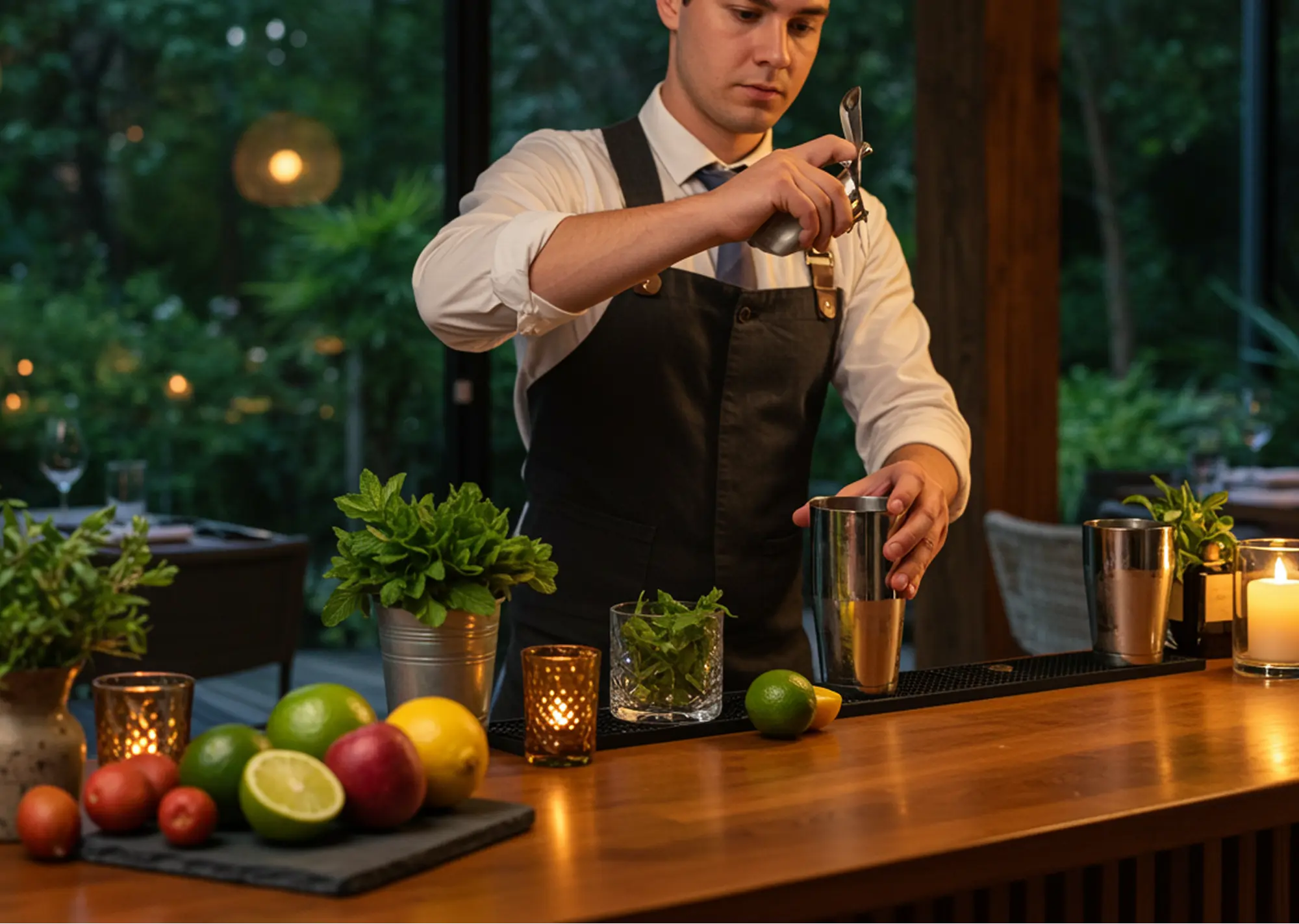 Bartender in white shirt and black apron preparing a cocktail with fresh herbs and citrus fruits on the bar counter.