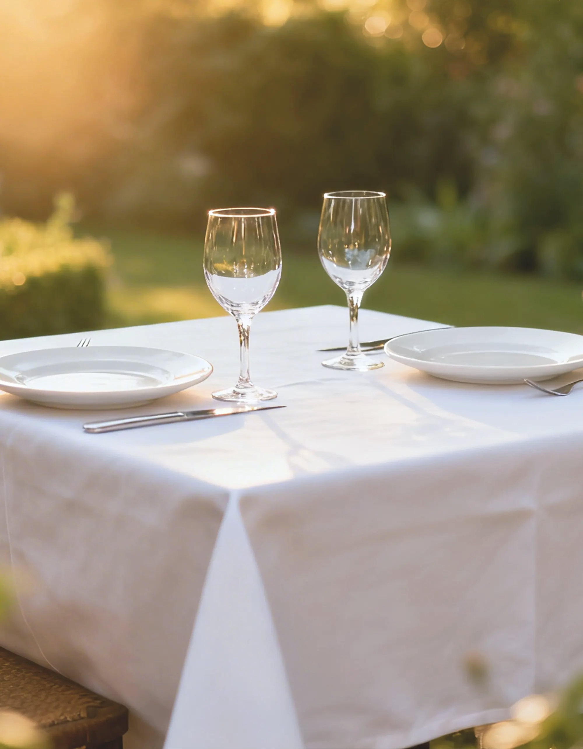 Table set for two outdoors with white tablecloth, empty glasses, plates, and cutlery in soft sunset light.