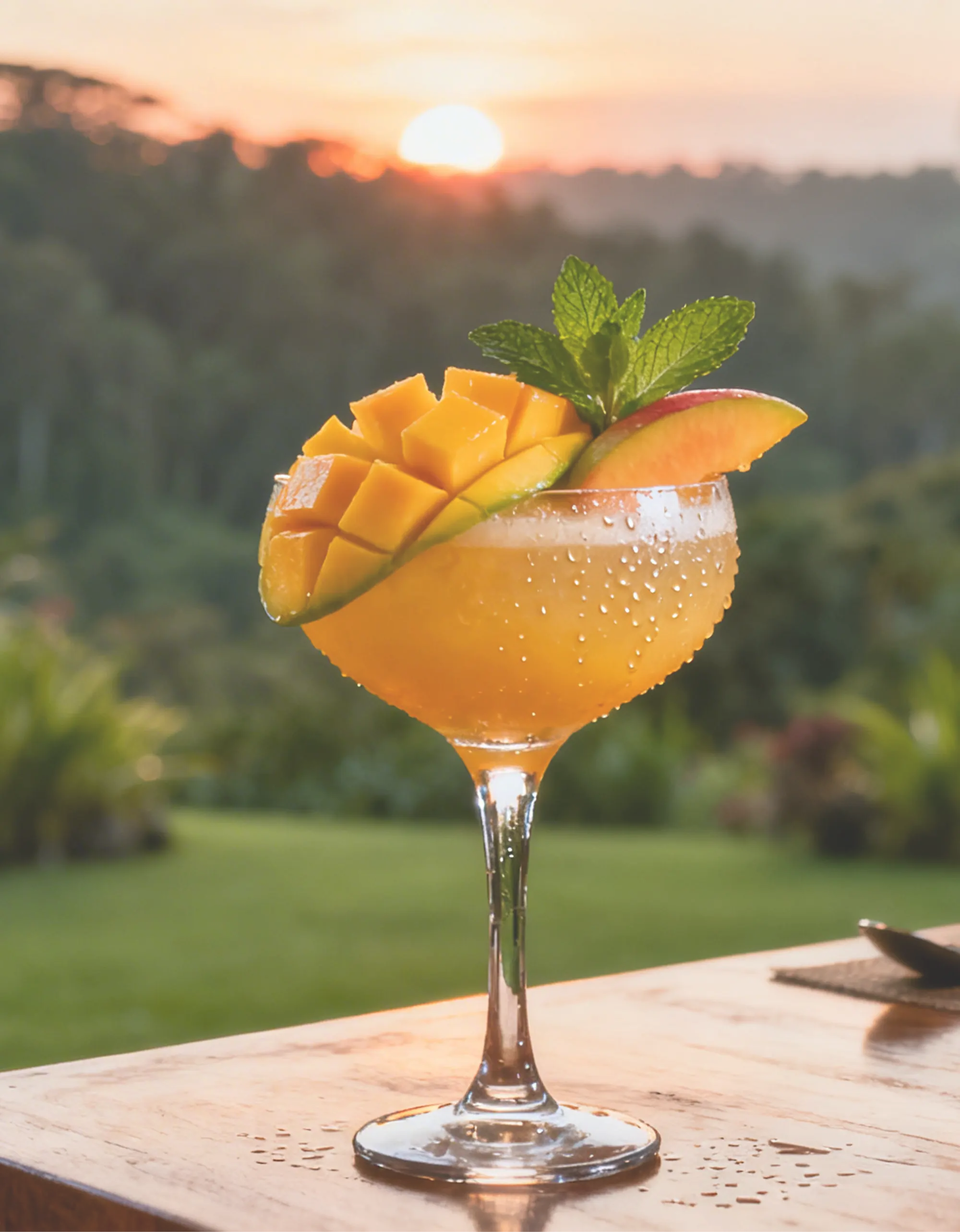 Frosty tropical cocktail garnished with mango cubes, a slice of peach, and fresh mint leaves on a wooden table at sunset.