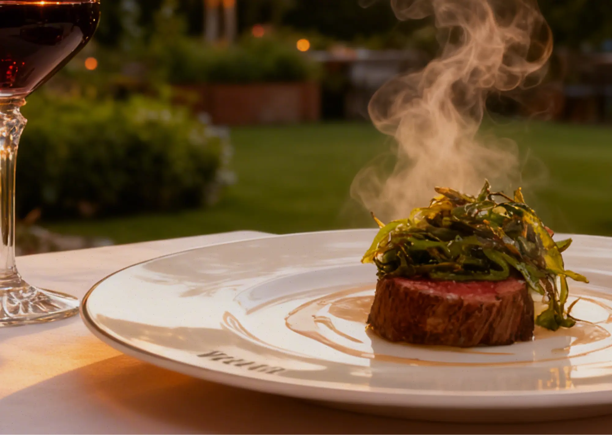 Steaming cooked meat topped with sautéed greens on a white plate next to a glass of red wine.