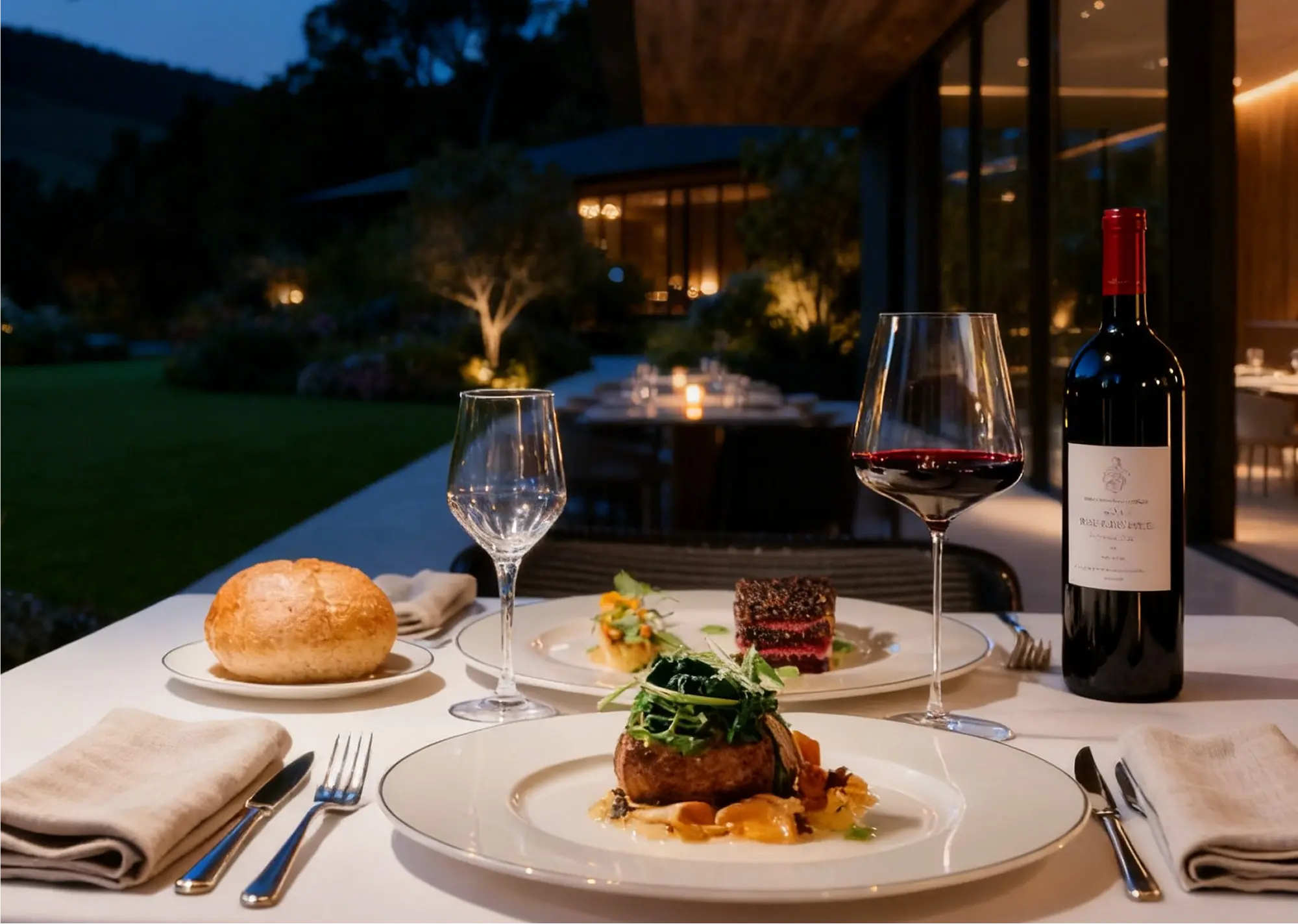 Elegant outdoor dinner table setting with gourmet dishes, a bread roll, two wine glasses, and a bottle of red wine at dusk.