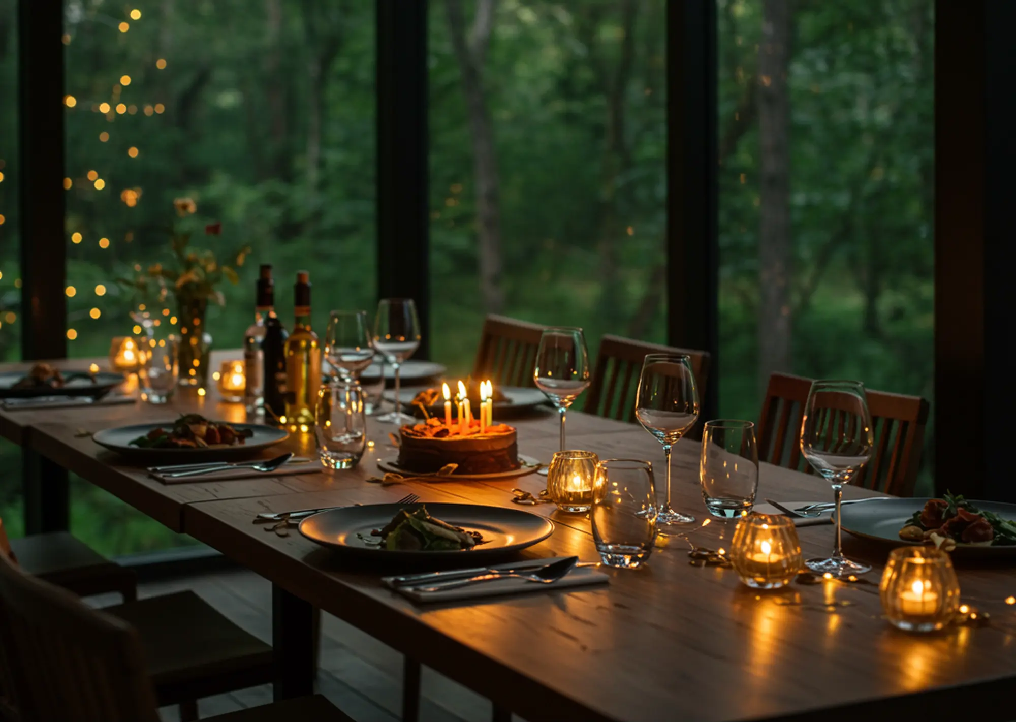 Cozy dining table set with plates, wine glasses, lit candles, bottles, and a birthday cake with candles, against a backdrop of large windows overlooking a forest.