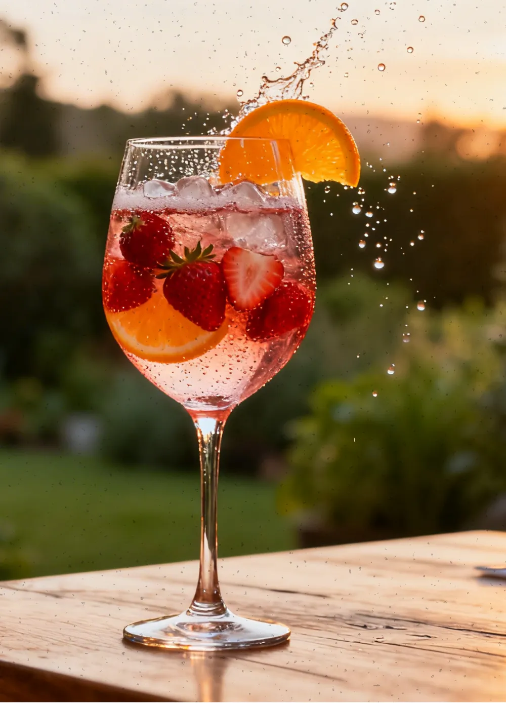 Glass of pink sparkling drink with ice, strawberries, and orange slices, with a splash and an orange wedge on the rim against a blurred outdoor background.