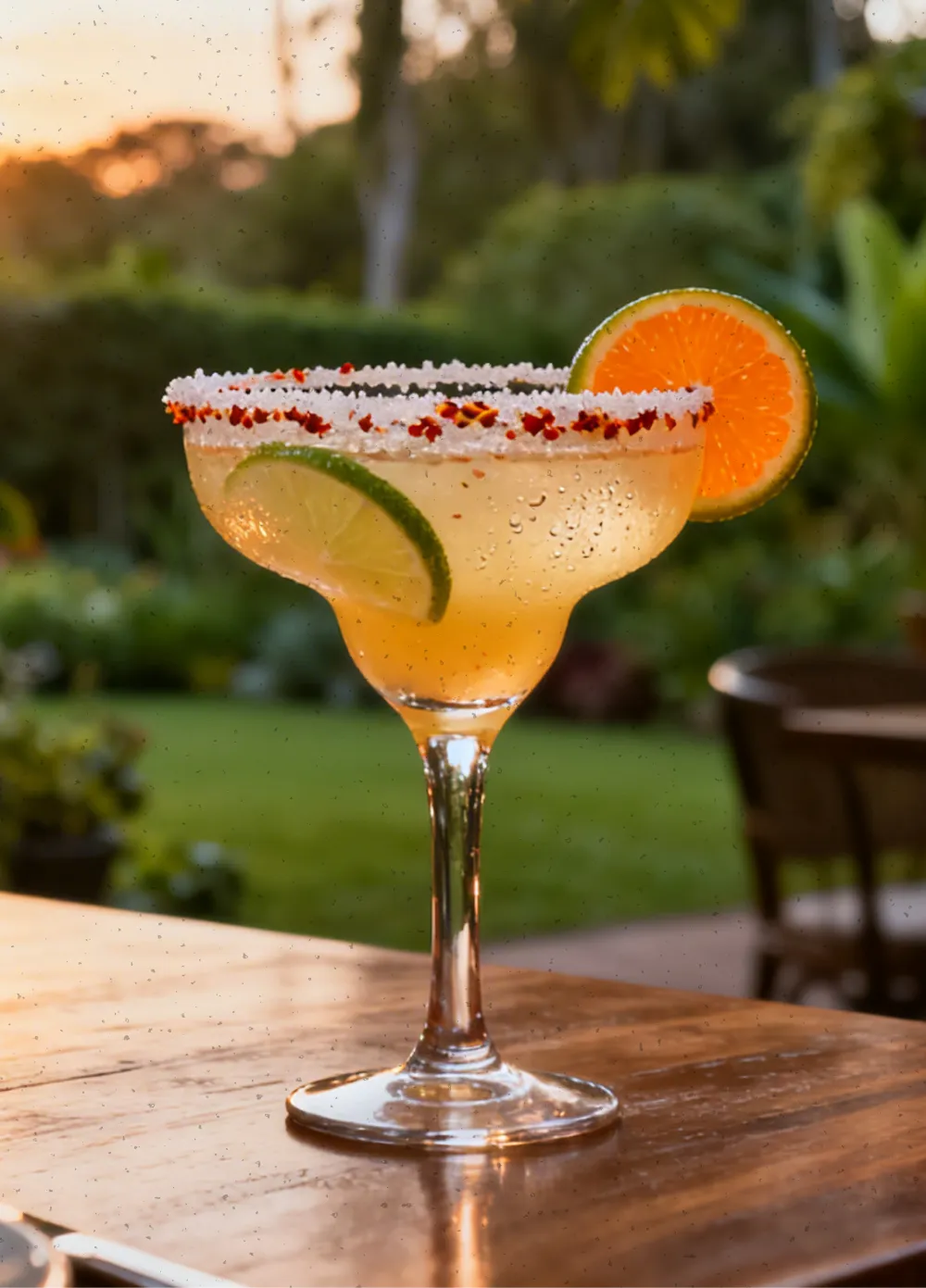 Margarita cocktail in a glass with a salted and chili-rimmed edge, garnished with a lime slice inside and an orange slice on the rim, set on a wooden table outdoors.