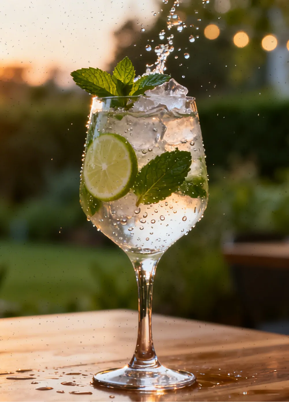 Glass of sparkling water with ice, lime slices, and mint leaves on a wooden table with water splashing out at sunset.