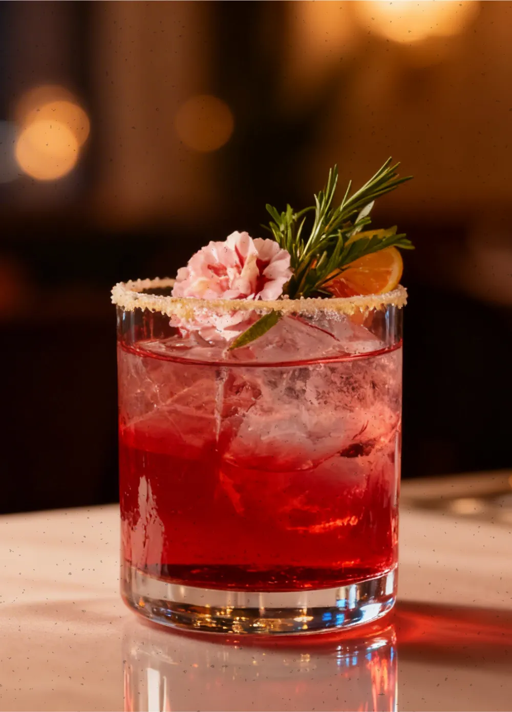 Red cocktail with ice in a glass rimmed with sugar, garnished with a pink flower, rosemary sprig, and an orange slice.