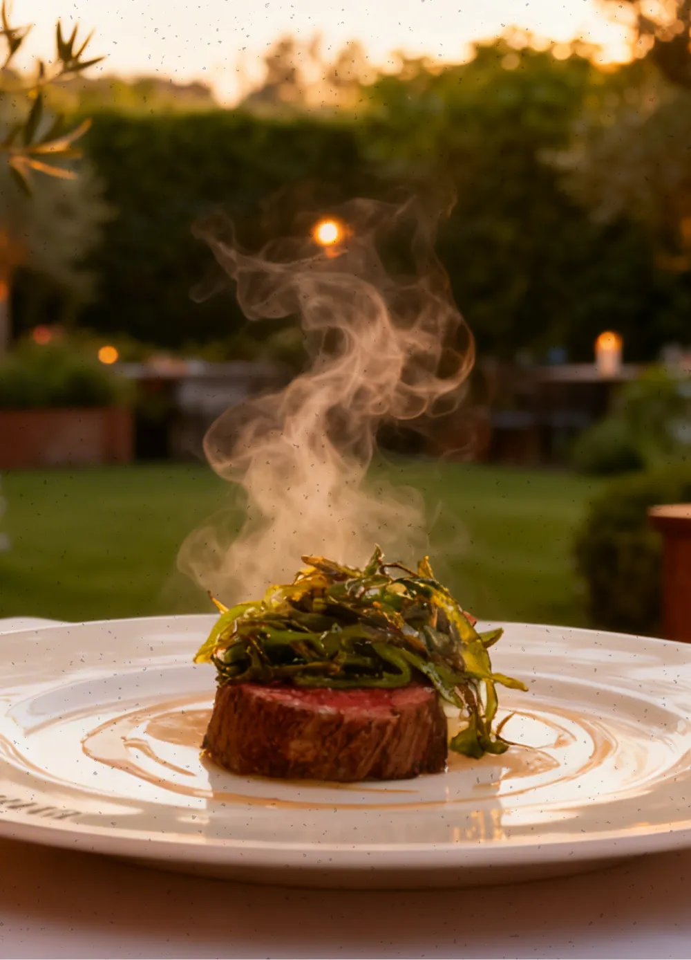 Steaming cooked steak topped with sautéed green vegetables on a white plate outdoors at sunset.